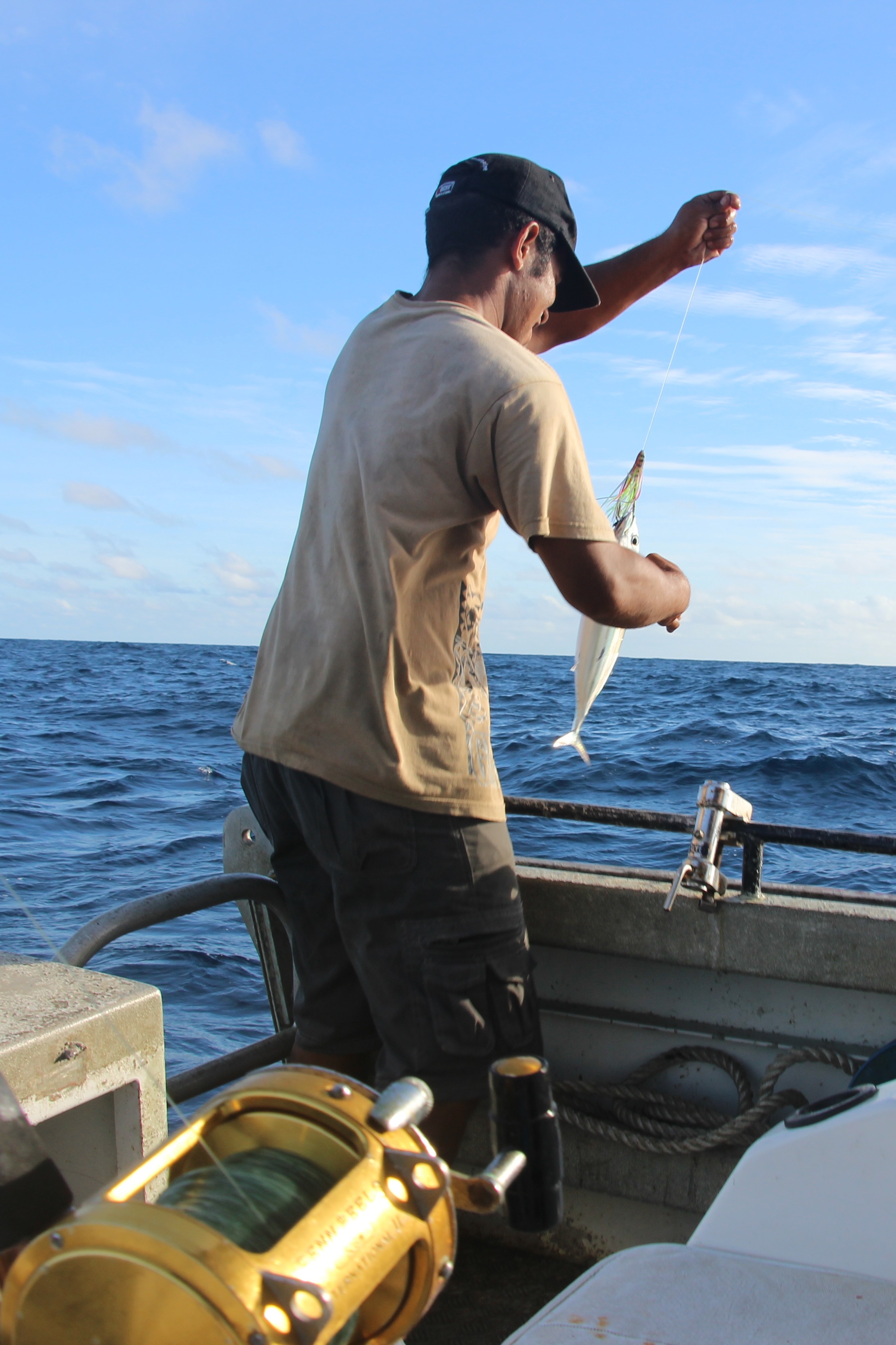 A fisherman hauling in a catch from a boat